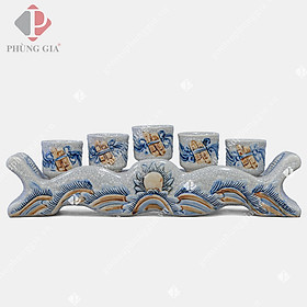 Bộ kỷ chén 3 dáng  - đồ thờ Phùng Gia - Gốm sứ Bát Tràng cao cấp - hoạ tiết cuốn thư, men rạn đắp nổi
