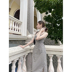 Váy Đầm hai dây caro nơ xoắn ngực suông dài (Checked dress) nhà LOVI