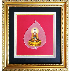 Tranh phật in trên lá bồ đề có khung mẫu Phật adida, thích ca mâu ni ngồi thiền trên tọa sen,Tranh In Phật Trên Bồ Đề HPB-9
