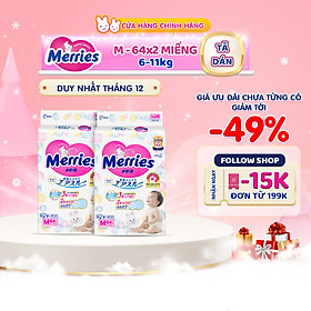 Combo 2 Tã/bỉm dán Merries size M - 64 miếng (Cho bé 6 - 11kg)