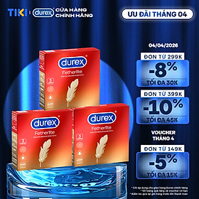 Bộ 3 hộp bao cao su Durex Fetherlite siêu mỏng, size 52.5mm, 3 bao/hộp