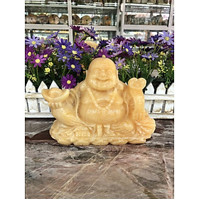 Mua Tượng Phật Di Lặc ngồi cầm thỏi vàng và gậy như ý phong thủy đá ngọc hoàng long - Dài 20 cm