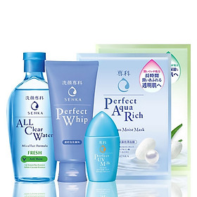 Bộ Sản Phẩm Chăm Sóc Da Toàn Diện Senka ( A.L.L.Clear Water Fresh + Perfect Whip 120g + UV Milk 40ml + Perfect Aqua White Mask - Soothing White 25ml + Perfect AQua Rich - Luminous Moist Mask 25ml)