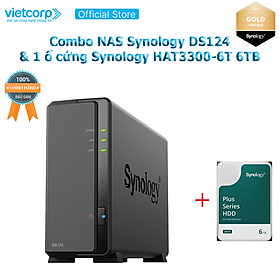 Combo Thiết bị lưu trữ NAS Synology DS124 và 1 Ổ cứng Synology HAT3300-6T Hàng Chính Hãng