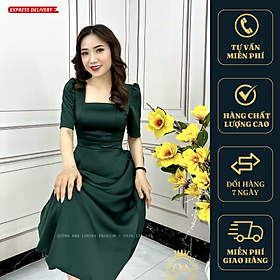 Đầm Lụa Trơn Xanh Cổ Vuông Tay Bồng