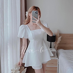 Sét bộ áo tay phồng cổ vuông phối quần đùi màu sắc dịu dàng thời trang nữ dự tiệc, dạo phố