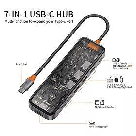 Mua Hub Wiwu Cyber 7 in 1  CB007 USB3.0*3+SD/TF(3.0)+HDMI(4K30)+PD tương thích rộng rãi vơi máy tính bảng  máy tính xách tay và điện thoại di động  thiết kế trong suốt nhìn rõ từng chi tiết - Hàng chính hãng
