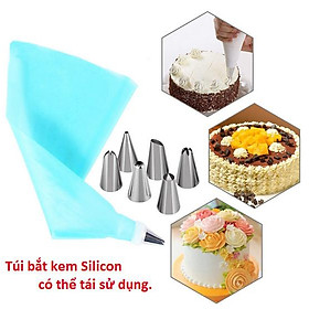 Bộ 6 đui bắt bông kem kèm chốt và túi đựng kem trang trí bánh GD230-BatKem