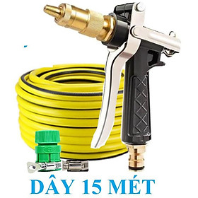 Bộ dây vòi xịt nước rửa xe, tưới cây . tăng áp 3 lần, loại 15m 206318 đầu đồng, đai, nối vàng