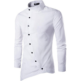 Fun Slim Base Shirt of Stand Collar and Irregular Buttons Solid Color Casual Top Polo Shirt for Man
