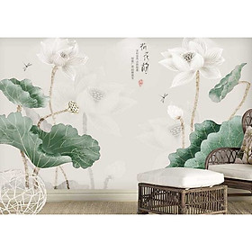  (HCM) Tranh dán tường 3d hoa sen trắng 5 trang trí phòng khách, phòng thờ có sẵn keo
