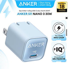 Sạc ANKER 511 Nano 3 30W 1 cổng USB-C PiQ 3.0 tương thích PD - A2147 - Hỗ trợ sạc nhanh 30W cho iPhone 13 trở lên