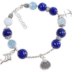 Vòng Tay Laliz Mệnh Kim Thủy Đá Aquamarine Mix Kyanite + Charm Sò Cá Heo
