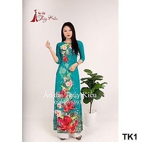 Áo dài thúy kiều in 3d lụa nhật xanh ngọc hoa đỏ k26 mp2