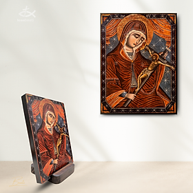 Mua Tranh Gỗ Icon Đức Mẹ Sầu Bi - Tranh Công Giáo Để Bàn Sơn Màu Rustic Cổ Xưa