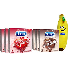 Bộ sản phẩm 3 hộp Sensual Strawberry 3s + 3 hộp Naughty Chocolate 3s Tặng Chuối bông Durex (màu vàng)
