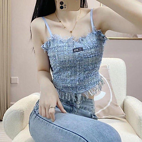 M77. Áo 2 dây dạ tweed kẻ siêu đẹp, áo kiểu nữ croptop sang chảnh 2022