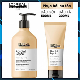 Bộ dầu gội xả phục hồi tóc L'oreal Serie Expert Gold quinoa + Protein Absolut Repair Instant resurfacing 500ml+200 ml (MỚI CHÍNH HÃNG )