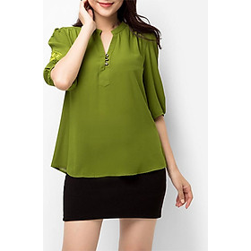 Áo Kiểu Nữ An Thuỷ Phối Nút Màu Xanh 667