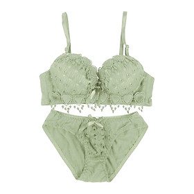 Women Lace Flower Bra Sets Padded Lingerie Push Up Underwear Kit Green