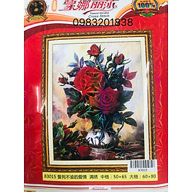 Tranh thêu chữ thập bình hoa hồng thêu kín nền 83015, kích thước 50 x 65 cm