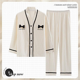 Bộ Ngủ Mặc Nhà Pyjama Cotton Cổ V New Vân Sóng