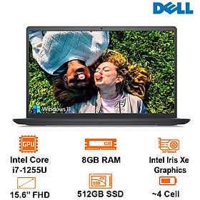 Máy Tính Xách Tay Laptop Dell Inspiron 15 3520 - Black - 15.6 FHD WVA; i7-1255U; 8GB; 512GB SSD; WF5 + BT5.0; Polyc; Win11H+ OfficeHS21; 1Y IH (71001747) - Hàng Chính Hãng