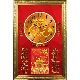 Lịch Đồng Hồ Tết 2024 Treo Tường Tráng Gương Khung Xi Vàng Phù Điêu Cao Cấp ĐHXV02