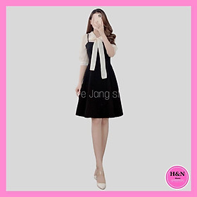 Váy Thiết Kế dáng suông, váy suông phối voan buộc nơ cổ tiểu thư xinh xắn - H&N Store