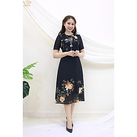 Đầm Thiết kế Đầm xòe Đầm thời trang công sở Đầm trung niên thương hiệu TTV436 Đen hoa vàng- Đầm xòe cố xếp ly CD