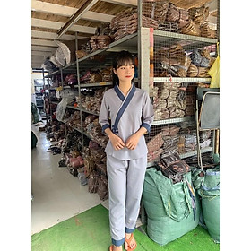 đồ đi chùa đơn giản, thời trang nữ áo lam trơn phối đính nút