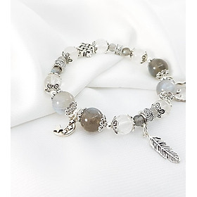 Vòng tay mệnh kim, thủy đá ưu linh trắng mix đá moonstone+ charm trắng, mây, lá