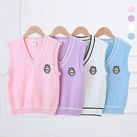 Áo gile len bé gái size đại, Gile len cho bé 8-16 tuổi cổ tim viền kẻ thêu thỏ đanh sợi không bai xù dáng thời trang