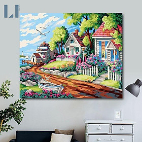 Mua Tranh sơn dầu số hóa tự tô có khung chuẩn màu - Tranh tô màu theo số hóa phong cảnh biển- Biệt thự ven biển