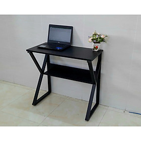 Bàn làm việc chân sắt.có kệ lửng. Chân chữ K.chân đen mặt đen. 80x40 cm