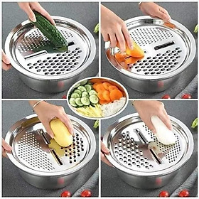 Q.bitons Multifunctional Stainless Steel Basin -Drain Basket Vegetable with Cutter - 3 in 1 Kitchen Multipurpose Julienne Grater - Mesh Strainer