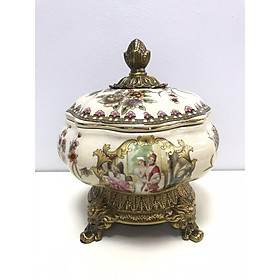 Mua Hũ kẹo kiểu dáng hình bông hoa mang phong cách Châu Âu CB24-HK1 - Chất liệu men sứ rạn và hợp kim mạ đồng.