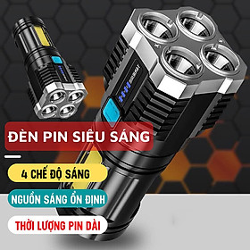 Đèn pin chống nước cầm tay siêu sáng 5 bóng, pin trâu đèn pin led sạc tích điện 4 chế độ sáng