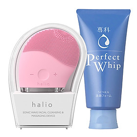 Combo Máy Rửa Mặt Và Mát Xa Da Mặt Halio - Hồng Nhạt, Sữa Rửa Mặt Senka Perfect Whip (50g), Mặt Nạ Lixibox Green Tea