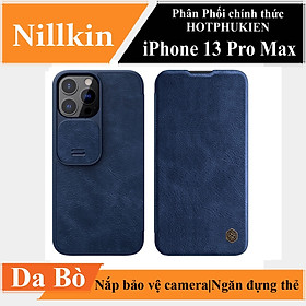 Case bao da chống sốc cho iPhone 13 Pro Max trang bị nắp bảo vệ Camera hiệu Nillkin Qin Pro (ngăn đựng thẻ ATM Name Card, chất liệu da thật cao cấp, thiết kế thời trang cá tính) - hàng nhập khẩu - Xanh Navy