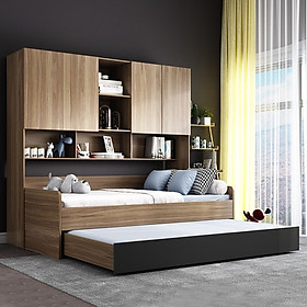 Giường ngủ thiết kế hiện đại 2 tầng liền tủ áo FINILI kết hợp tủ kệ sách FNLO2089