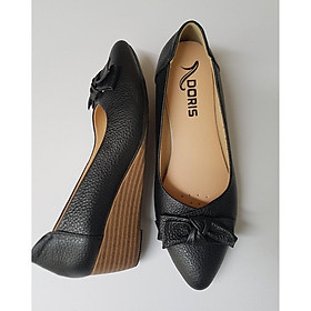 Giày búp bê đế xuồng 5cm,️️️️ giày Doris da thật mũi nhọn gắn nơ vuông màu kem thời trang cho nữ DR503