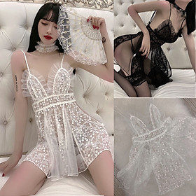Đầm ngủ 2 dây ren chấm bi xuyên thấu gợi cảm sexy
