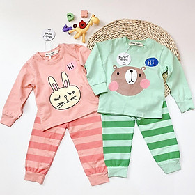 Bộ Quần Áo Dài Tay Cotton 100% Quần Kẻ Ngang Áo In Hình Động Vật cho bé 5-17kg