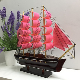 Mô hình thuyền gỗ phong thủy trang trí bàn làm việc - Thân tàu 32cm - Buồm Đỏ Cam