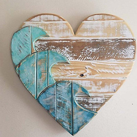 Nordic Style Wooden Heart Shape Wall Hanging Pendant 40x40cm Blue Wave Design Wall Decoration Home Decor Indoor Outdoor Decorative Romantic Gifts