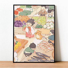 Tranh số hóa Mèo đi chợ đã căng khung 40x50cm