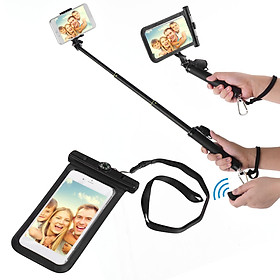 Túi đựng điện thoại di động & Gậy chụp ảnh tự sướng không thấm nước có thể mở rộng với dây điều khiển từ xa BT để đi bơi trên bãi biển