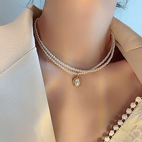 Loại Đẹp Vòng Cổ 2 Lớp Ngoc Trai Nhân Tạo Mặt Oval sang đẹp