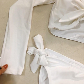 Hình ảnh Bikini, Đồ tắm đi biển 2 mảnh màu trắng áo tay dài cột nơ mix quần chip sexy cá tính